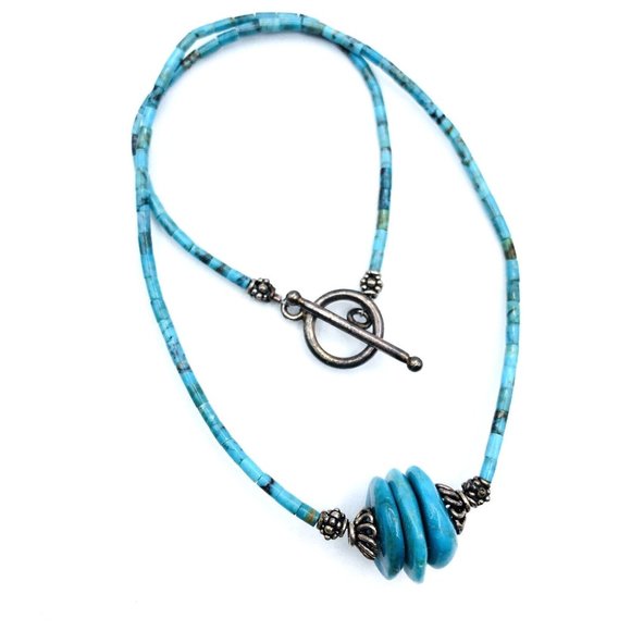 Vintage Heishi Necklace Turquoise Heishi and Nugget Beaded Necklace 16 in - Picture 4 of 10